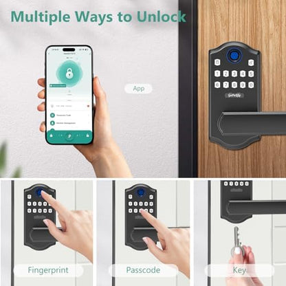 Smart Fingerprint Door Lock with APP Control, Keyless Entry Door Lever, Electronic Door Handle, Aluminum Alloy Construction, 5 Unlock Methods for Home Office Security, Matte Black