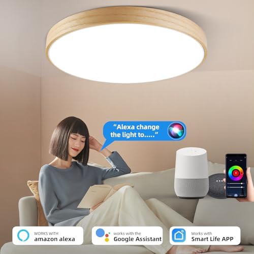 Smart WiFi LED Ceiling Light 12" Modern Wood Flush Mount with Remote