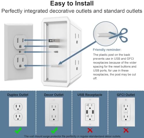 Wall Charger, Surge Protector, Teiobar 5 Outlets and 4 USB Ports(2USB-C)