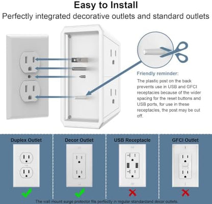 Wall Charger, Surge Protector, Teiobar 5 Outlets and 4 USB Ports(2USB-C)