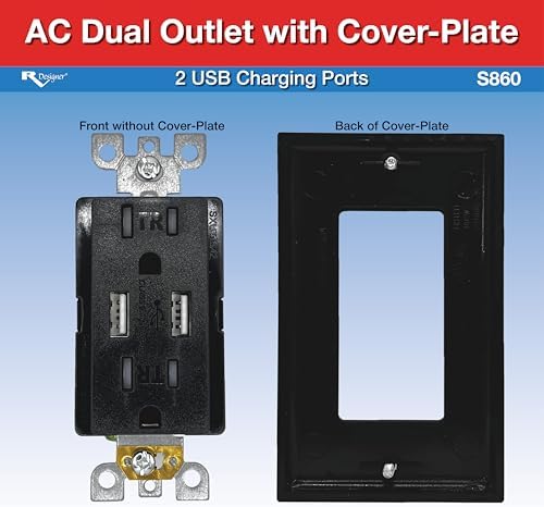 RV Designer S860, AC Dual Outlet with Cover & 2 USB Charge Ports, Black