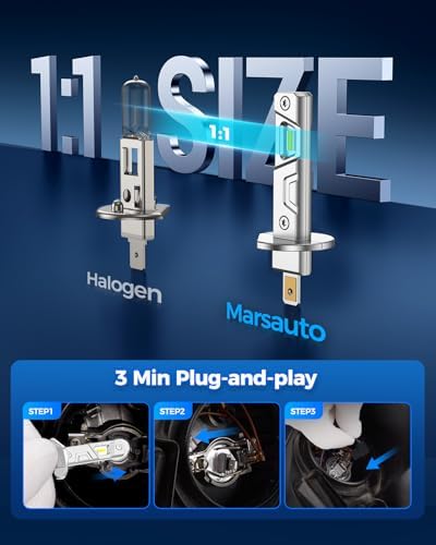 Marsauto H1 Fog Light Bulb, 600% High Bright H1 Fog Lights, 6500K White Strong Penetration, 60000 HRS+ Lifespan, Upgraded 1:1 Mni Size Led Bulb for Car, Truck, SUV, Side Marker & Parking Light Combos