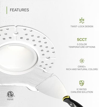 ASD 1 Inch Trimless LED Recessed Ceiling Light Fixture, Mud-in Canless Downlight with Junction Box, 5CCT Selectable 2700K-5000K, 7W 498 Lumens, CRI90+, Anti-Glare, Dimmable, IC & Wet Rated, ETL