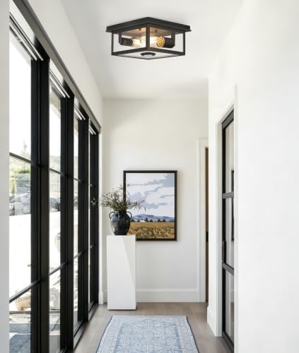 Motion Sensor Outdoor Ceiling Light with Remote, 8.5 Inch Matte Black Flush Mount Porch Light Fixture with United Glass Cover, 5 Modes Outside Flush Mount Light for Porch, Garage, Patio, Entryway