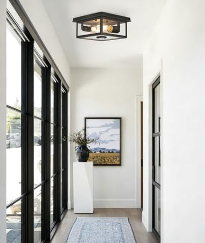 Motion Sensor Outdoor Ceiling Light with Remote, 8.5 Inch Matte Black Flush Mount Porch Light Fixture with United Glass Cover, 5 Modes Outside Flush Mount Light for Porch, Garage, Patio, Entryway