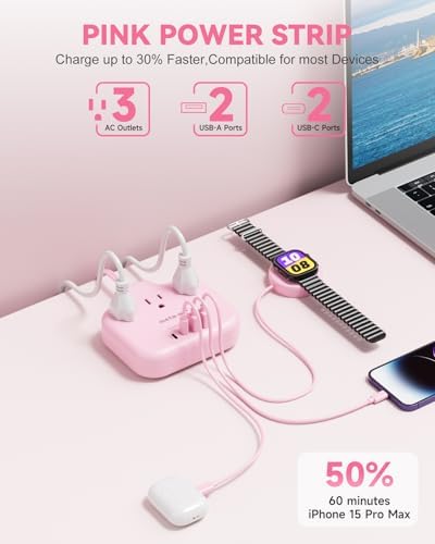 Pink Extension Cord with 3 AC Outlets & 4 USB Ports (2 USB-C), Pink Desk Accessories, 1625W Cute Extension Cord for Travel Curise Kawaii Desk Office Bedroom Accessories