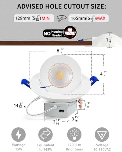 Adetu 4 Pack 6 inch 5CCT LED Eyeball Gimbal Recessed Light, 15W=145W,1700LM