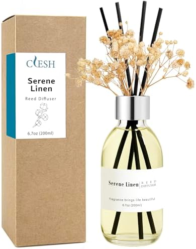 Clesh Reed Diffuser Set, 6.7 oz Serene Linen Scented Diffuser with Sticks, Home Fragrance Reed Diffuser for Bathroom Shelf Decor