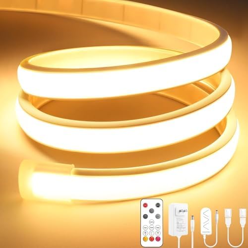 Lamomo COB LED Strip Lights Pro, 32.8Ft Warm White Dimmable Self-Adhesive Led Rope Light with Remote, Flexible Cuttable Waterproof 3000K Silicone Neon Tape Lights for Bedroom, Indoor, Outdoor,Cabinet