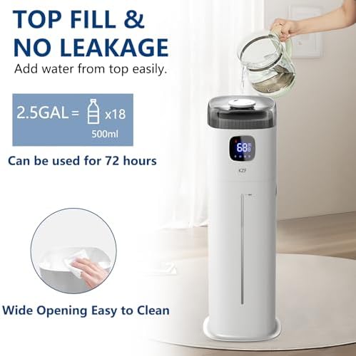 KZF Large Humidifier for Bedroom, 9L/2.5Gallon Ultrasonic Cool Mist Humidifier with Humidistat, 360°Nozzle, 350ML/H Big Mist Level, Suitable for Kids Room Livingroom Yoga Office Plant，White
