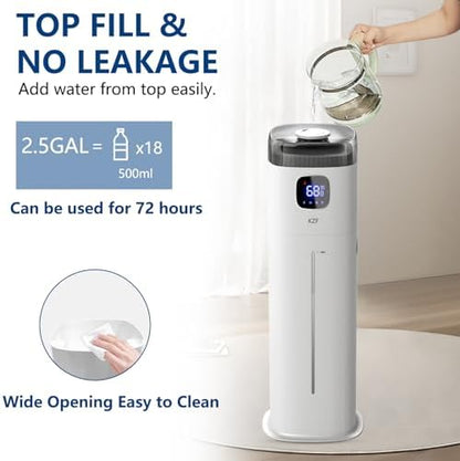 KZF Large Humidifier for Bedroom, 9L/2.5Gallon Ultrasonic Cool Mist Humidifier with Humidistat, 360°Nozzle, 350ML/H Big Mist Level, Suitable for Kids Room Livingroom Yoga Office Plant，White