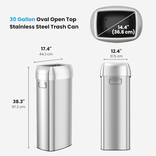 iTouchless 30 Gallon 114L Oval Open Top Stainless Steel Extra-Large Commercial Trash Can with Wheels, 2 AbsorbX Odor Filters | ADA Compliant Bin for Restaurant Restroom Hotel Office Healthcare Retail