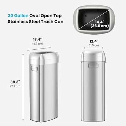 iTouchless 30 Gallon 114L Oval Open Top Stainless Steel Extra-Large Commercial Trash Can with Wheels, 2 AbsorbX Odor Filters | ADA Compliant Bin for Restaurant Restroom Hotel Office Healthcare Retail