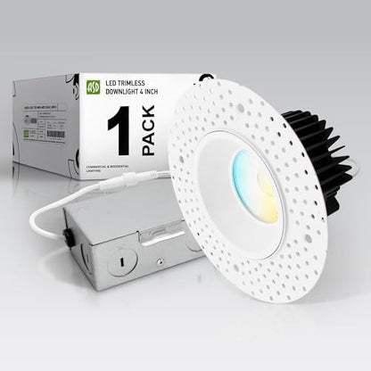 ASD 4 Inch Trimless LED Recessed Ceiling Light Fixture, 120-277V Multi-Voltage Commercial Downlight, 15W 1082 Lumens, 5CCT 2700K-5000K, 0-10V Dimmable, CRI90+, Anti-Glare, IC & Wet Rated, ETL