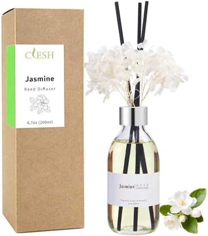 Clesh Reed Diffuser Set, 6.7 oz Jasmine Scented Diffuser with Sticks, Home Fragrance Reed Diffuser for Bathroom Shelf Decor