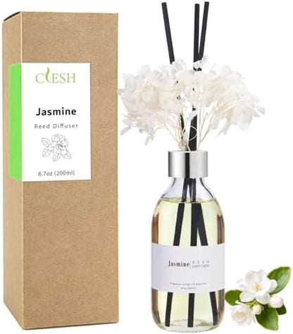 Clesh Reed Diffuser Set, 6.7 oz Jasmine Scented Diffuser with Sticks, Home Fragrance Reed Diffuser for Bathroom Shelf Decor