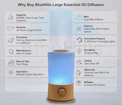 BlueHills Premium 2000 ML XL Large Essential Oil Diffuser Aromatherapy Humidifier for Large Room Home 40 Hour Run Huge Coverage Area 2 Liter Extra Large Capacity Huge Diffuser Wood Grain E005