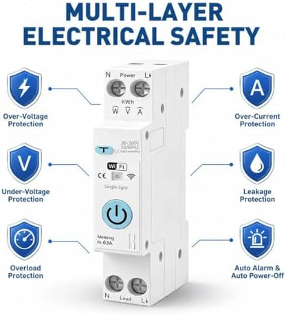 Smart WiFi Switch, AC90‑300V 63A, Leakage Protection Circuit Breaker | Tuya/Smart Life APP Remote Monitor, Voltage Power Energy, Timer Switch, Overload Over‑Current Over/Under‑Voltage Alarm