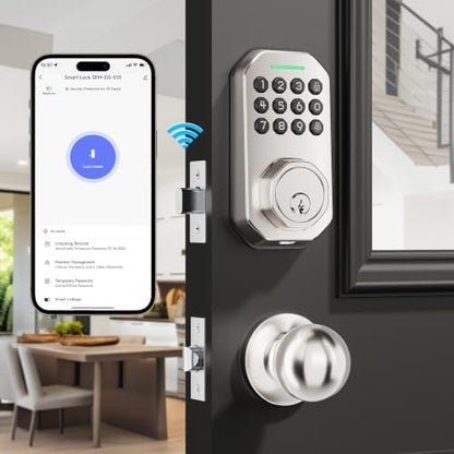 Ulecoce SL02W WiFi Keyless Entry Door Lock with Knob Set, Satin Nickel