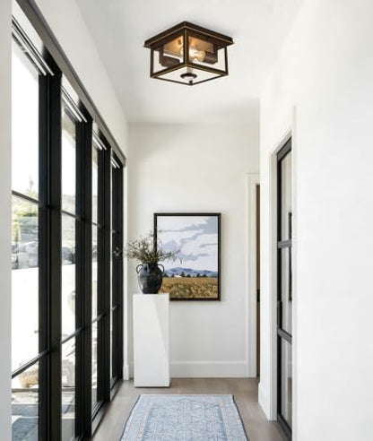 Motion Sensor Outdoor Ceiling Light with Remote, 8.5 Inch Brown and Gold Flush Mount Porch Light Fixture with United Glass Cover, 5 Modes Outside Flush Mount Light for Porch, Garage, Entryway