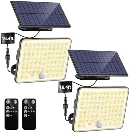 nipify Solar Motion Lights Outdoor, 3Modes Split Solar Flood Light with Remote Control,Solar Security Lights Outdoor Waterproof IP65 16ft Cable for Outside Yard Garage Patio Porch Garden,2Pack