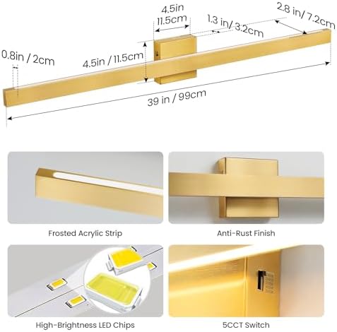 Modern Bathroom Lighting Fixtures Over Mirror, 39 Inch 30W Gold Vanity Light Bar for Bathroom, Dimmable 5CCT LED Bathroom Wall Light Fixtures