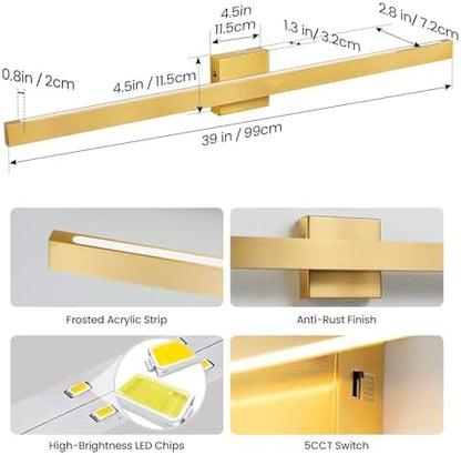 Modern Bathroom Lighting Fixtures Over Mirror, 39 Inch 30W Gold Vanity Light Bar for Bathroom, Dimmable 5CCT LED Bathroom Wall Light Fixtures