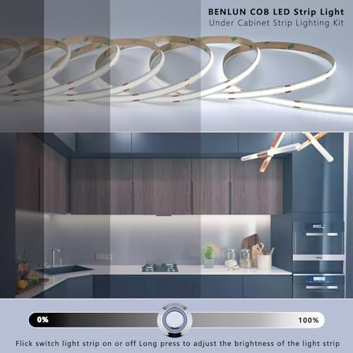 BENLUN 12V COB LED Under Cabinet Strip Lighting Cuttable 32.8ft for Kitchen