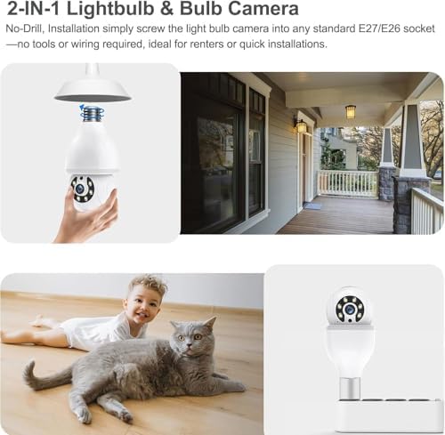 Light Bulb Security Camera, 5G&2.4GHz WiFi Light Bulb Cameras Wireless Outdoor Indoor, Lightbulb Camera for Home Security, Two-Way Talk,Color Night Vision, Motion Detection & Real-time Alarm