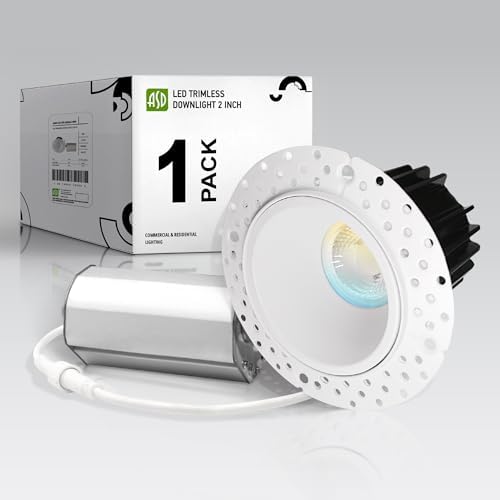 ASD 2 Inch Trimless LED Recessed Ceiling Light Fixture, Mud-in Canless Downlight with Junction Box, 5CCT Selectable 2700K-5000K, 8W 643 Lumens, CRI90+, Anti-Glare, Dimmable, IC & Wet Rated, ETL