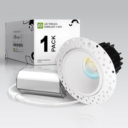 ASD 2 Inch Trimless LED Recessed Ceiling Light Fixture, Mud-in Canless Downlight with Junction Box, 5CCT Selectable 2700K-5000K, 8W 643 Lumens, CRI90+, Anti-Glare, Dimmable, IC & Wet Rated, ETL