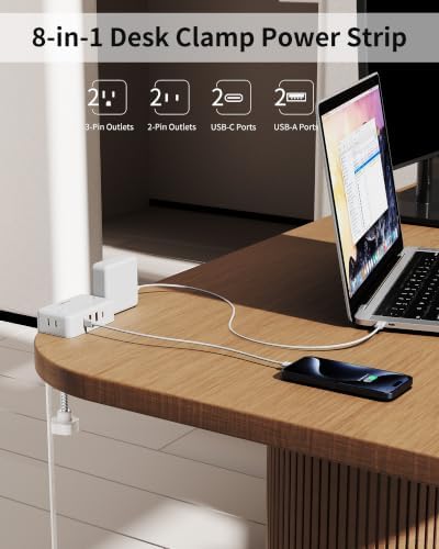 Desk Clamp Power Strip with 4 Outlets & 4USB, 6FT Extension Cord for Home