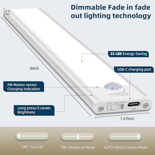 4 Pack Under Cabinet Lighting, Rechargeable Motion Sensor Light Indoor, Wireless Dimmable Magnetic Closet Lights, 32 LED Under Counter Lights for Kitchen, Wardrobe, Stairs, White Light