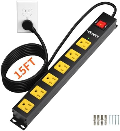 6 Outlet Power Strip 2700J Surge Protector, Heavy Duty Power Strips with 15FT Long Cord and Flat Plug, Wall Mountable Metal Strip for Desk, Garage, Workbench and Kitchen