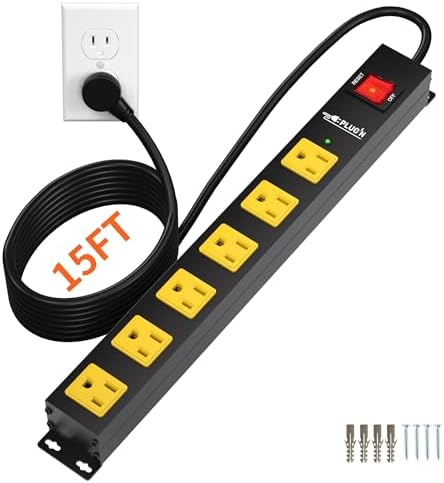 6 Outlet Power Strip 2700J Surge Protector, Heavy Duty Power Strips with 15FT Long Cord and Flat Plug, Wall Mountable Metal Strip for Desk, Garage, Workbench and Kitchen