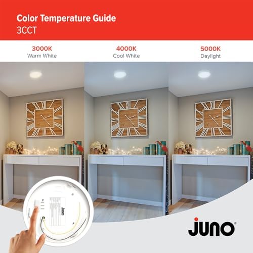 Juno Slim Basics 6 Inch LED Ceiling Light, Low Profile Surface Mount Downlight for Shower or Closet Lighting, 3000K/4000K/5000K Selectable White Light, Edged Trim, Wet Rated, Matte White
