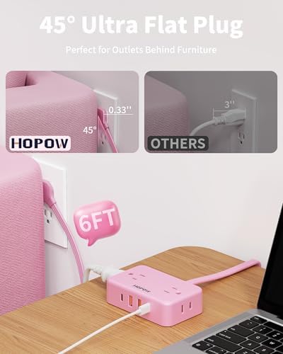 HOPOW Pink Extension Cord, 6 FT Flat Plug Power Strip, 4AC&2A2C, 1625W/13A