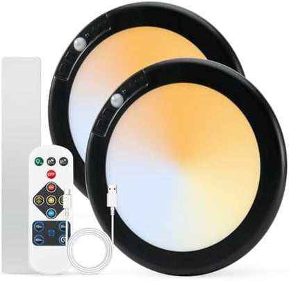 Combuh 2 Pack Black Operated Battery Powered Motion Sensor Ceiling Lights Wireless, Rechargeable 60 Day Battery Life Waterproof Inside Shower Lighting with Remote Magnetic No Wiring for Garage Closet