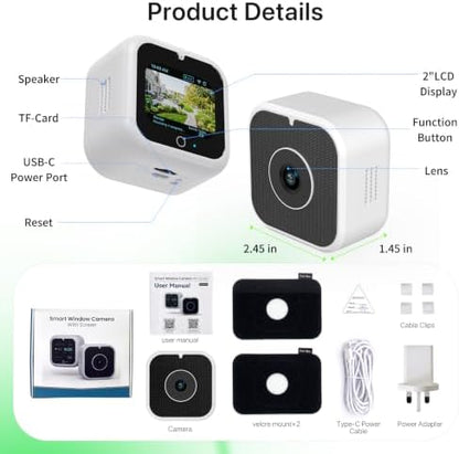 3K 5MP Window Security Camera with Touch Screen, Displays Live Footage, Time, Weather, Temperature, Color Night Vision, 2.4&5GHz WiFi, Motion Detection, Work w/Alexa&Google Assistant, Dome Cameras