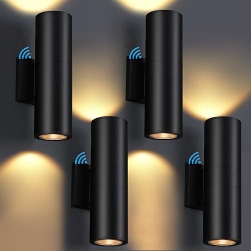 DAKAFUL Dusk to Dawn Outdoor Lighting Sensor Wall Lights 4Pack, 12W 2700K Integrated LED Cylinder Up Down Lights Outdoor, IP65 Waterproof Aluminum Wall Sconce Exterior Wall Light for Porch Patio etc.