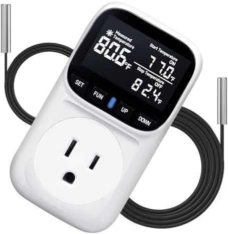 1800W Digital Thermostat for Reptile Tank, -40℉~210℉, Plug in Thermostat for Heater/Greenhouse with 5m/2m Cable, 15A Temperature Controlled Outlet with VA Display, Temp ±0.1°F, White