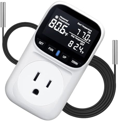 1800W Digital Thermostat for Reptile Tank, -40℉~210℉, Plug in Thermostat for Heater/Greenhouse with 5m/2m Cable, 15A Temperature Controlled Outlet with VA Display, Temp ±0.1°F, White