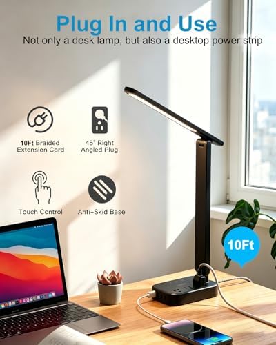 LED Desk Lamp, 10Ft Power Strip with 3 Outlets 4 USB Ports(2 USB C), Black