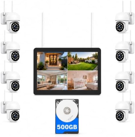 Camcamp Wireless Security Camera System with 10 Inch Monitor, 8 PTZ Cameras