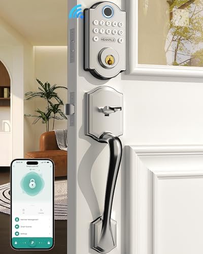 Keyless Fingerprint Door Lock Set: HEANTLE WiFi Front Door Lock with Handles - Alexa Smart Electronic Digital Keypad Deadbolt Sets App Remote Control Auto Satin Nickel