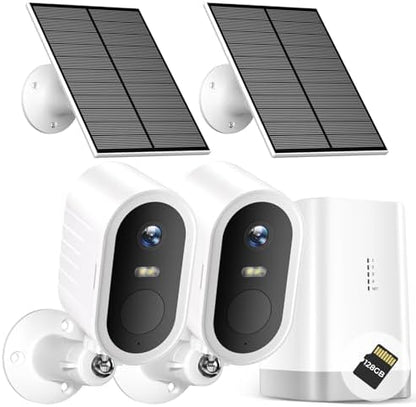 Solar Security Cameras Wireless Outdoor, 2-Cam Kit, 2K Home Security Camera System with 128GB Local Storage, No Subscription Required, PIR & AI Human Detection, Color Night Vision
