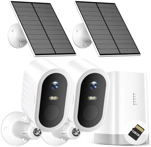 Solar Security Cameras Wireless Outdoor, 2-Cam Kit, 2K Home Security Camera System with 128GB Local Storage, No Subscription Required, PIR & AI Human Detection, Color Night Vision
