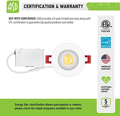 ASD 2 Inch Trimless LED Recessed Ceiling Light Fixture, Mud-in Canless Downlight with Junction Box, 5CCT Selectable 2700K-5000K, 8W 643 Lumens, CRI90+, Anti-Glare, Dimmable, IC & Wet Rated, ETL