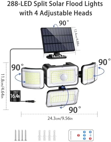 CLAONER Solar Outdoor Lights Motion Sensor 3500LM 288 LED Security Light with Remote Control IP67 Waterproof 4 Heads Flood Lights (6 Pack)
