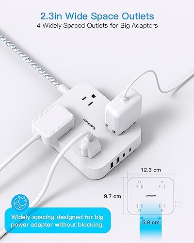 10 Ft Extension Cord, Flat Power Strip with 4 Outlets 4 USB Ports (2 USB C)